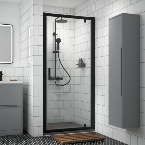 Black Framed Pivot Shower Door 760mm.