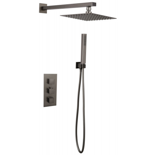 Gunmetal Square Concealed Thermostatic 3 Handle 2 Way Shower Kit (Wall Kit)