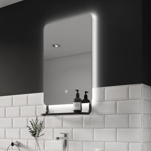 Rectangular Black LED Bathroom Mirror with Shelf 500 x 790mm.