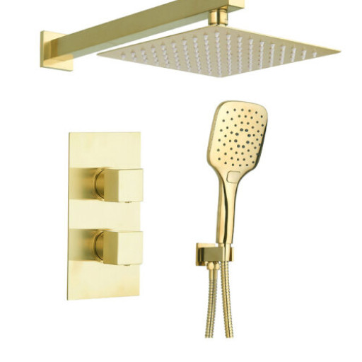 Brushed Brass Square Concealed Thermostatic Shower Pack