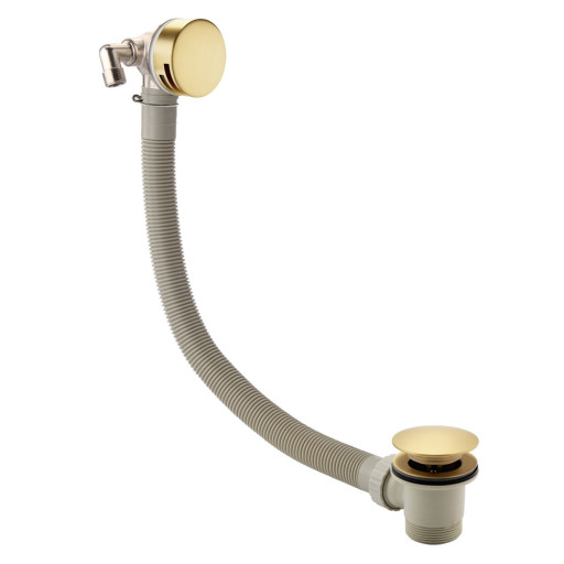 Round Brushed Brass Bath Filler with Sprung Waste and Overflow.