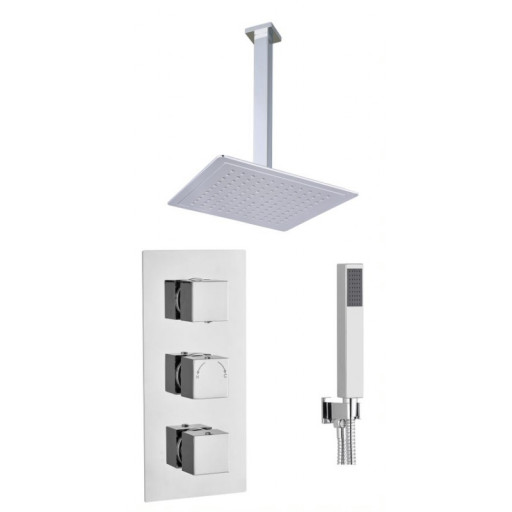Square Concealed Thermostatic 3 Handle 2 Way Shower Kit (Ceiling Kit)