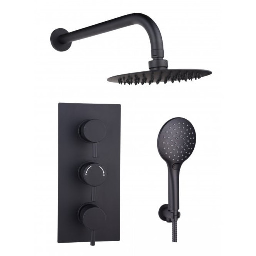 Orca Round Concealed Thermostatic 3 Handle 2 Way Shower Kit with SS Head Black